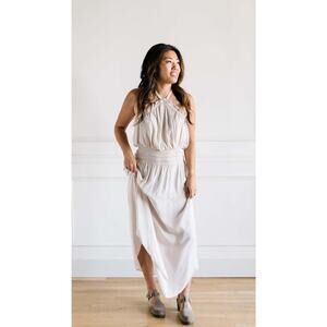 Miou Muse Bohemian Flowy Midi Drape Dress Green High Neck Boho Cruise Travel M